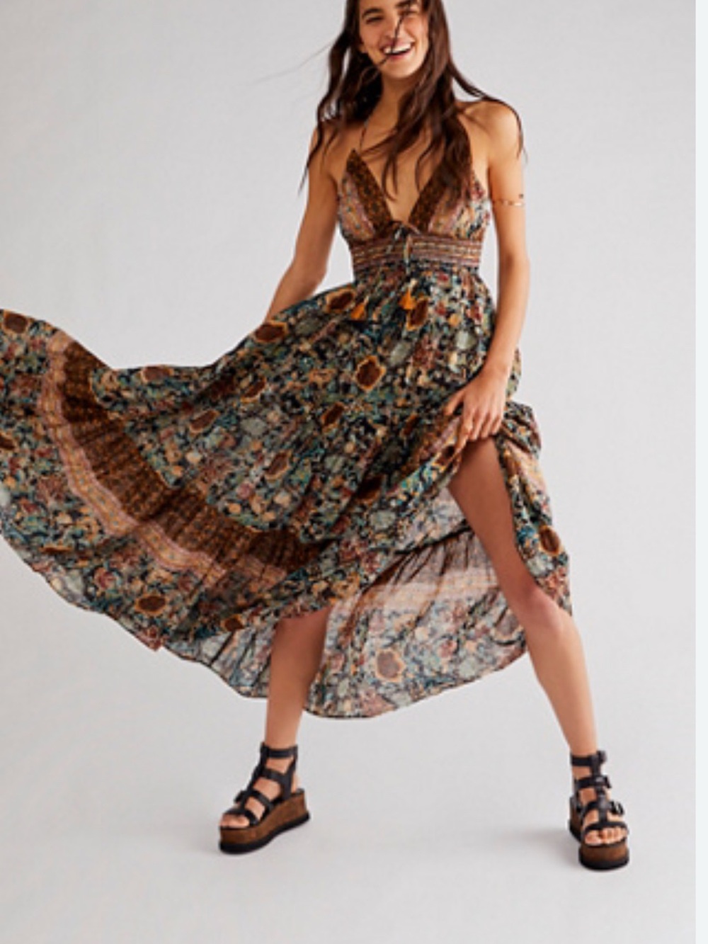 Free People Real Love Multi-Print Boho V-Neck Maxi Dress